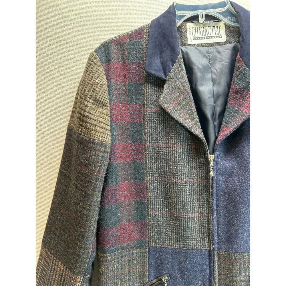 Patchwork Wool Jacket Blue Plaid Zip Front Vtg10 Dark Academia Quiet Luxury